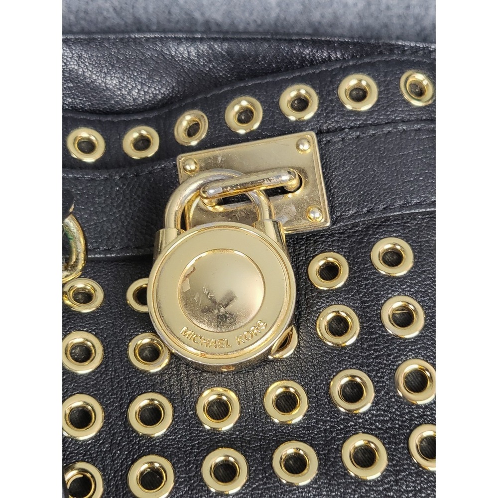 Michael Kors Grommet Hamilton Studded Satchel Bag Gold Hardware Black Leather - Picture 3 of 11
